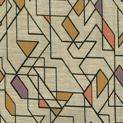 Beige woven fabric with black geometric outlines and scattered mustard, peach and lavender shapes; modern abstract print.