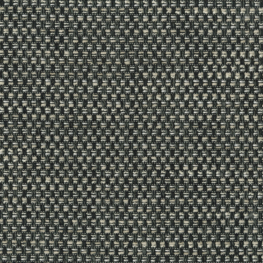 Charcoal gray woven tweed fabric with light gray specks; tight basket-weave texture for upholstery.