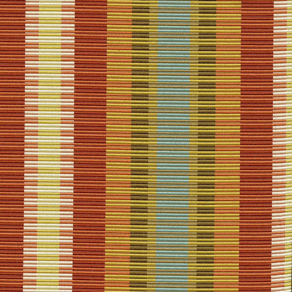 Close-up of multicolor striped woven fabric with rust red, yellow, white, olive and blue bands.