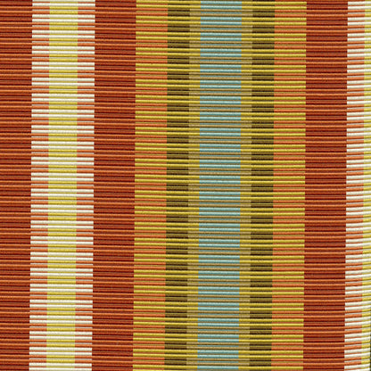 Close-up of multicolor striped woven fabric with rust red, yellow, white, olive and blue bands.