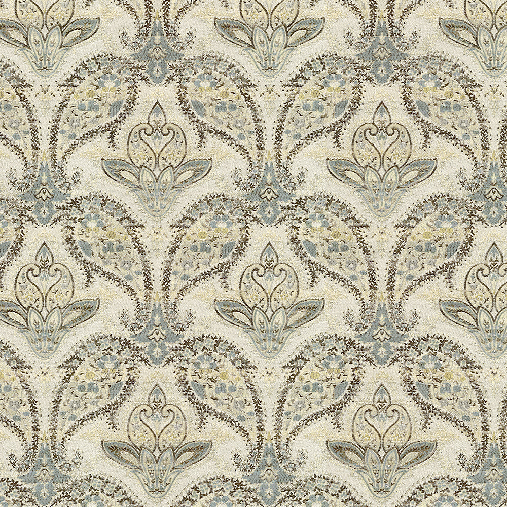 Beige damask paisley fabric with blue-gray floral motifs and an ornate, symmetrical pattern.