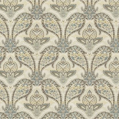 Beige damask paisley fabric with blue-gray floral motifs and an ornate, symmetrical pattern.