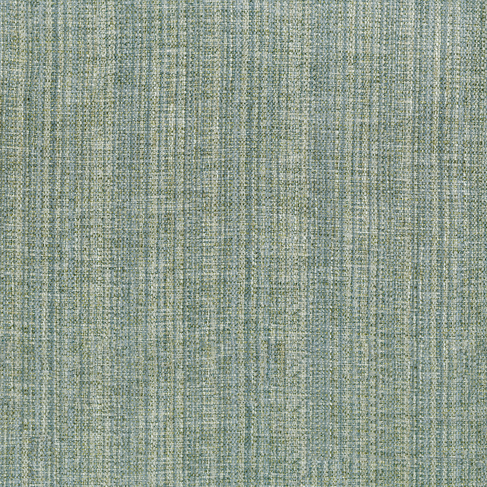 Close-up of blue-green woven upholstery fabric with a subtle vertical stripe texture.