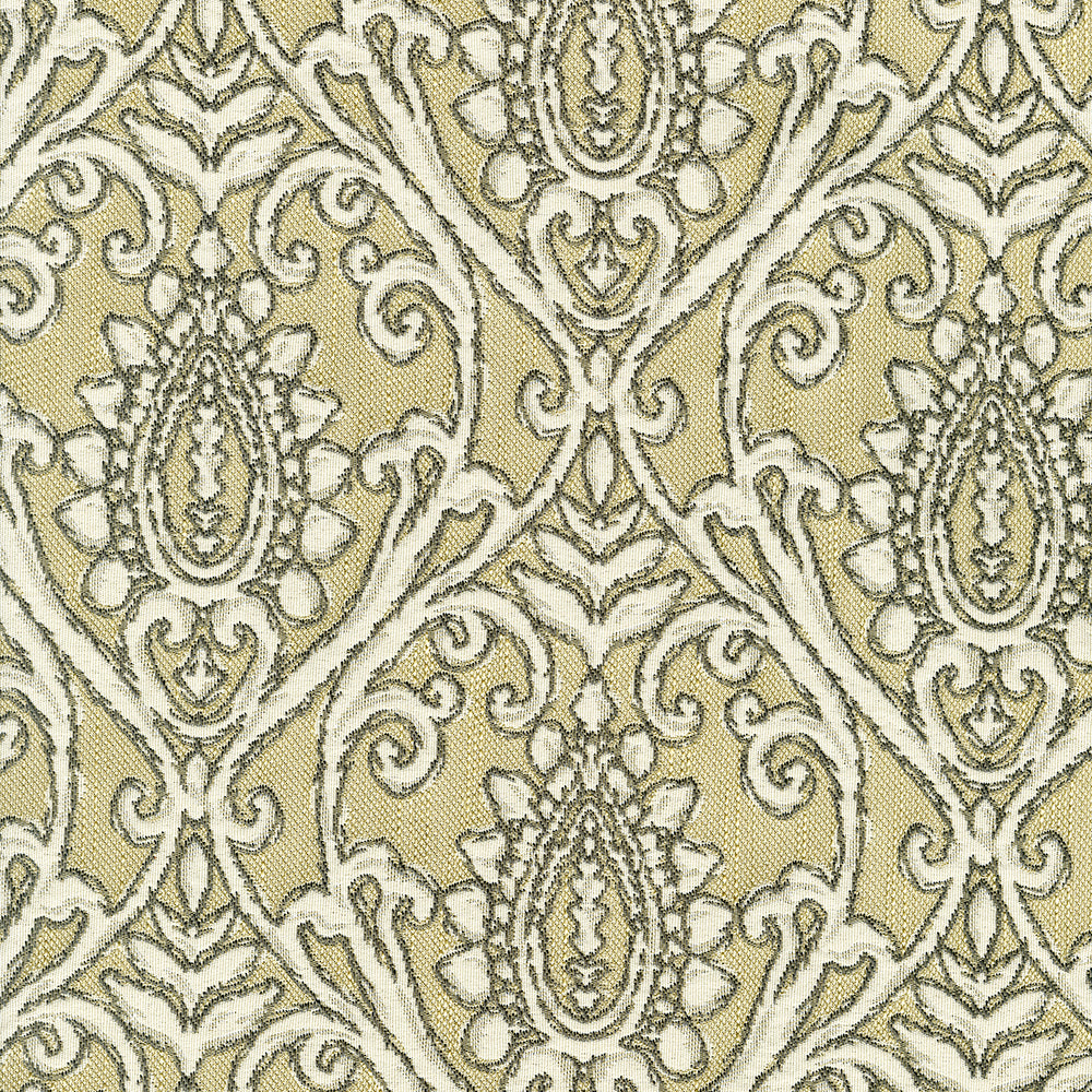Cream damask pattern with ornate scrolls and oval floral motifs; traditional fabric texture.