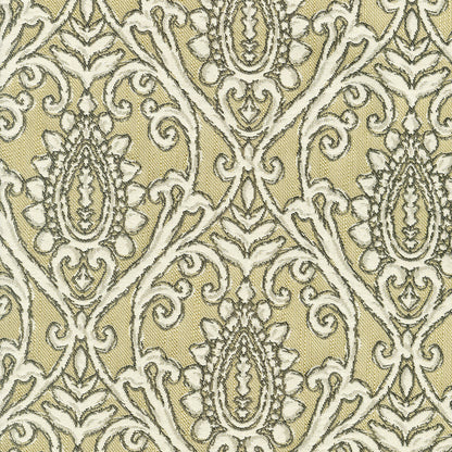Cream damask pattern with ornate scrolls and oval floral motifs; traditional fabric texture.