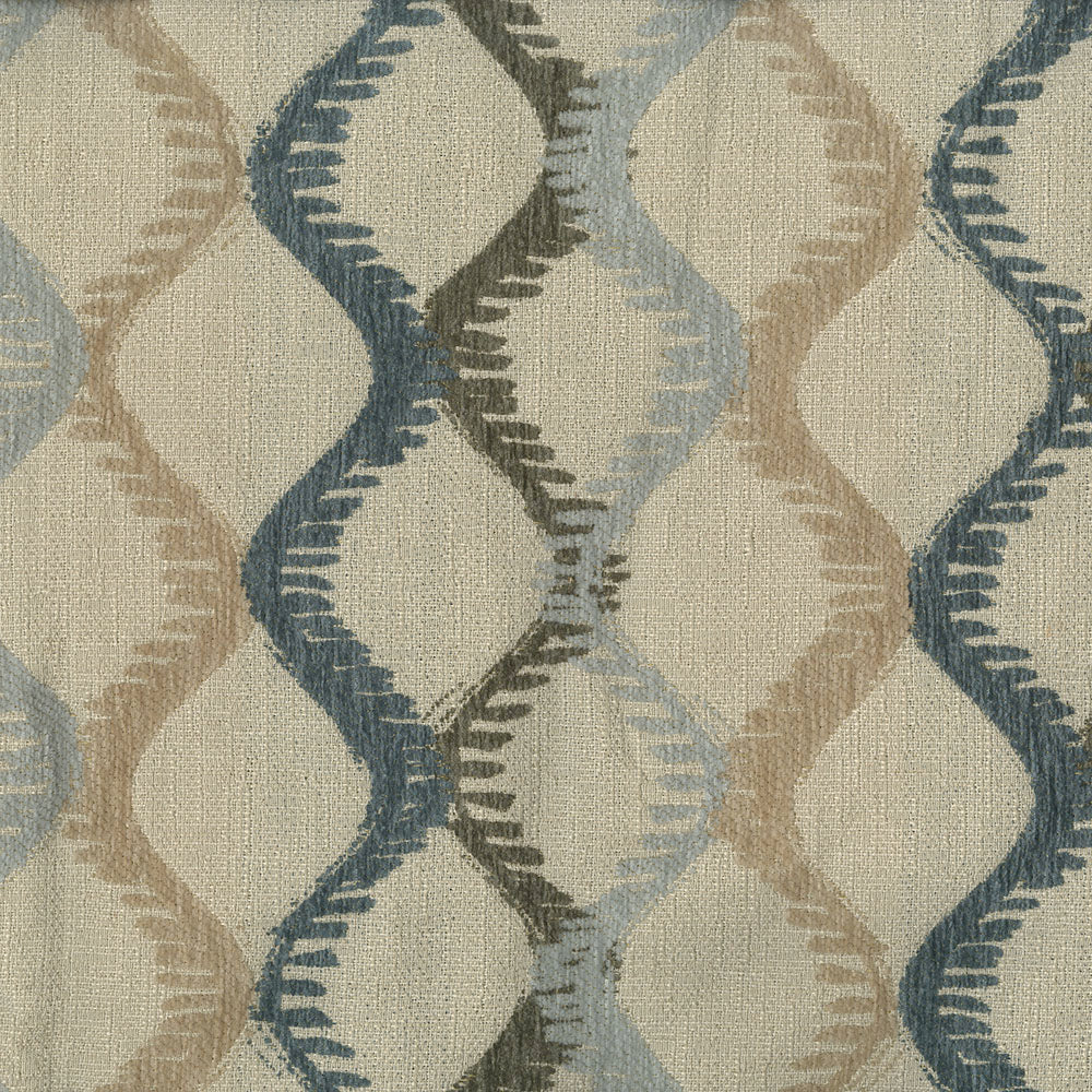 Woven fabric with a repeating wavy diamond lattice in beige, taupe, blue and gray; textured surface.