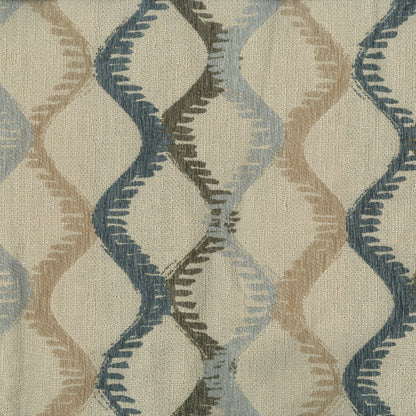 Woven fabric with a repeating wavy diamond lattice in beige, taupe, blue and gray; textured surface.
