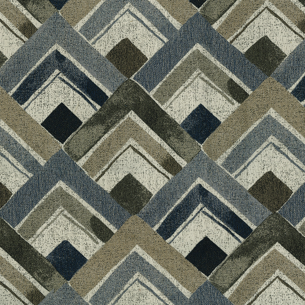 Geometric chevron fabric with layered diamond shapes in blue, gray, taupe and beige tones; contemporary style.