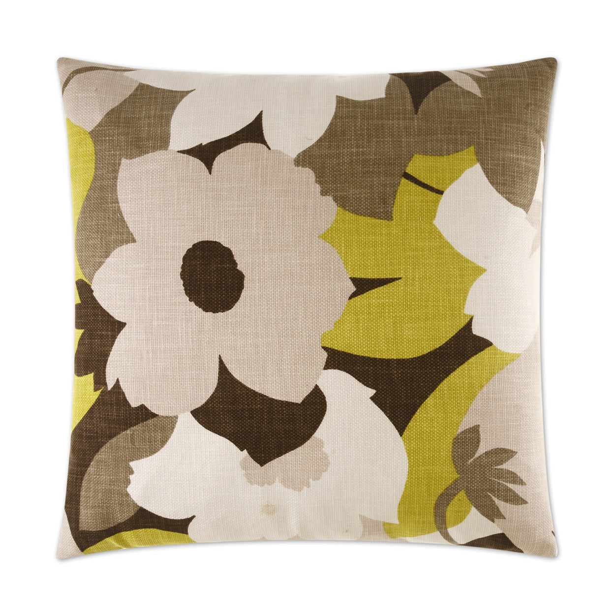 Decorative throw pillow with large cream flowers and brown leaves in olive and lime on linen-textured fabric.