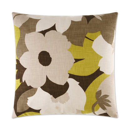 Decorative throw pillow with large cream flowers and brown leaves in olive and lime on linen-textured fabric.