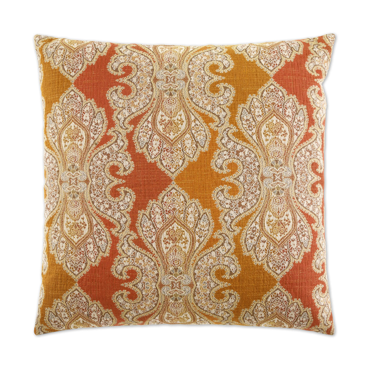 Square decorative throw pillow in orange and gold damask/paisley jacquard on textured woven fabric.