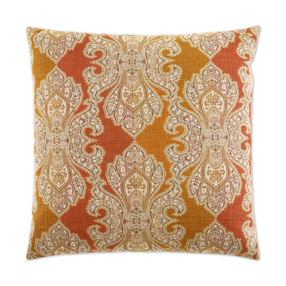 Square decorative throw pillow in orange and gold damask/paisley jacquard on textured woven fabric.