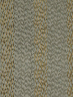 Gray-green woven upholstery fabric with repeating mustard-gold zigzag chevron stripes.