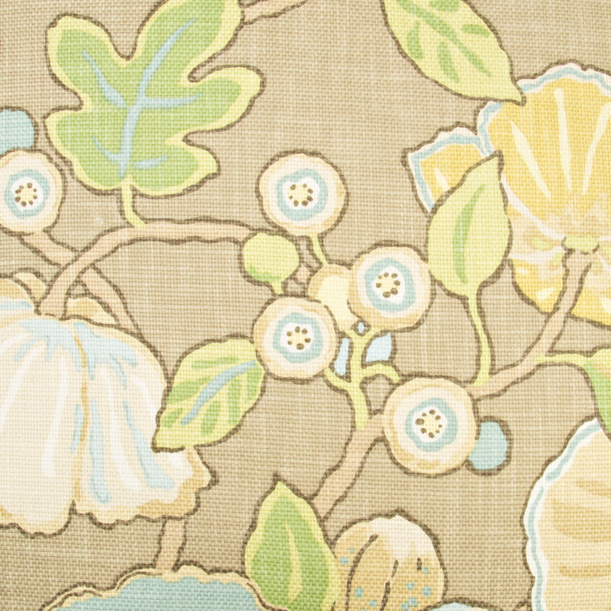 Beige fabric with pastel floral print: yellow, blue and white blossoms, green leaves and vines; vintage botanical pattern.