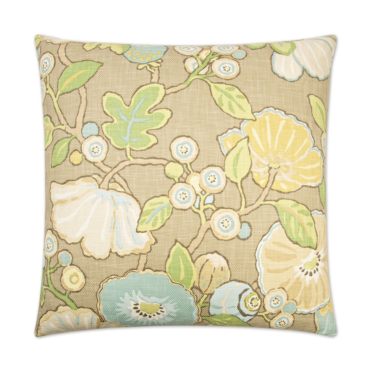 Beige square throw pillow in linen-like fabric with pastel floral botanical pattern in yellow, blue and green.