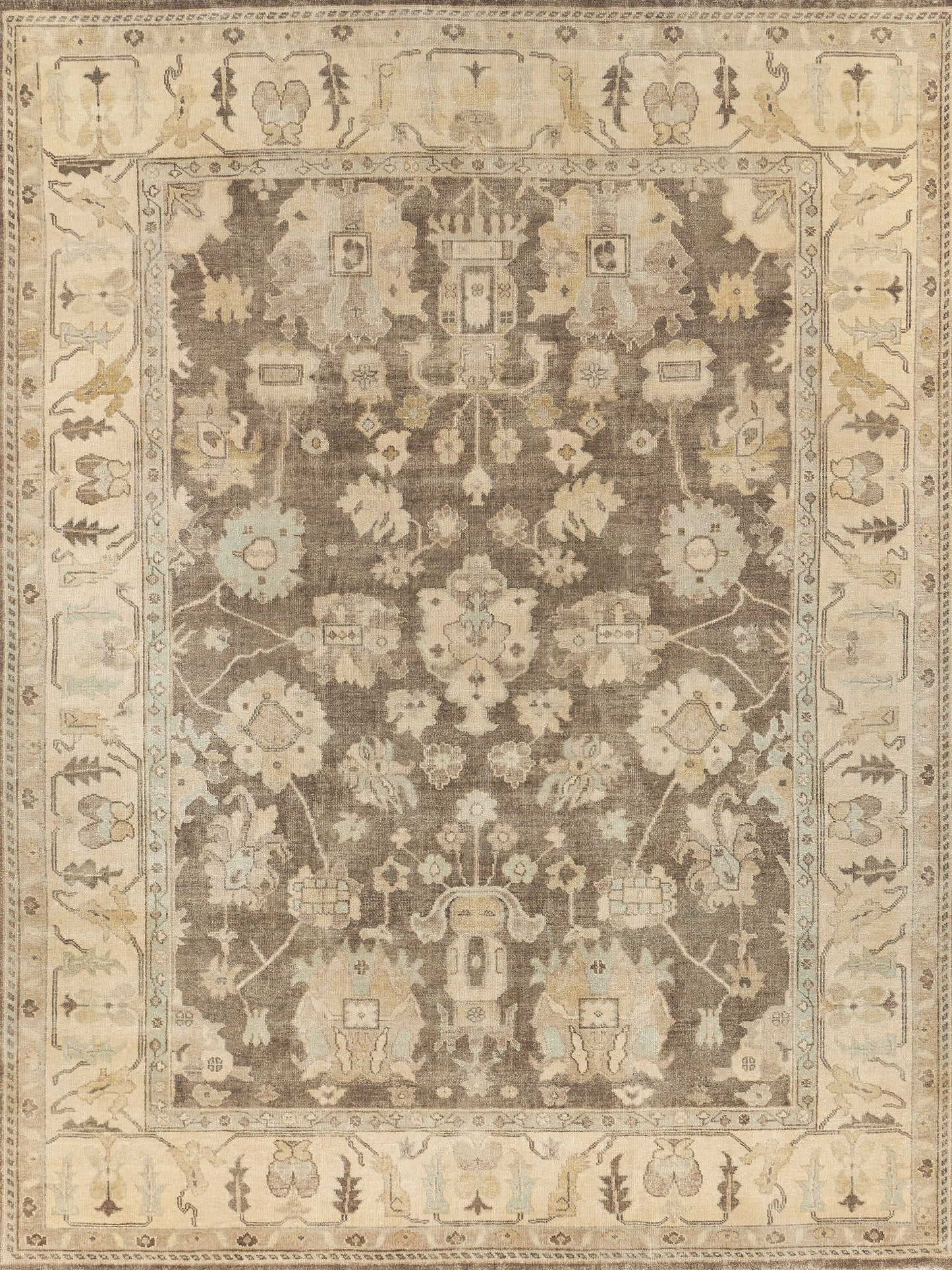 Rectangular oriental rug in beige, taupe and ivory with floral medallions and decorative border.