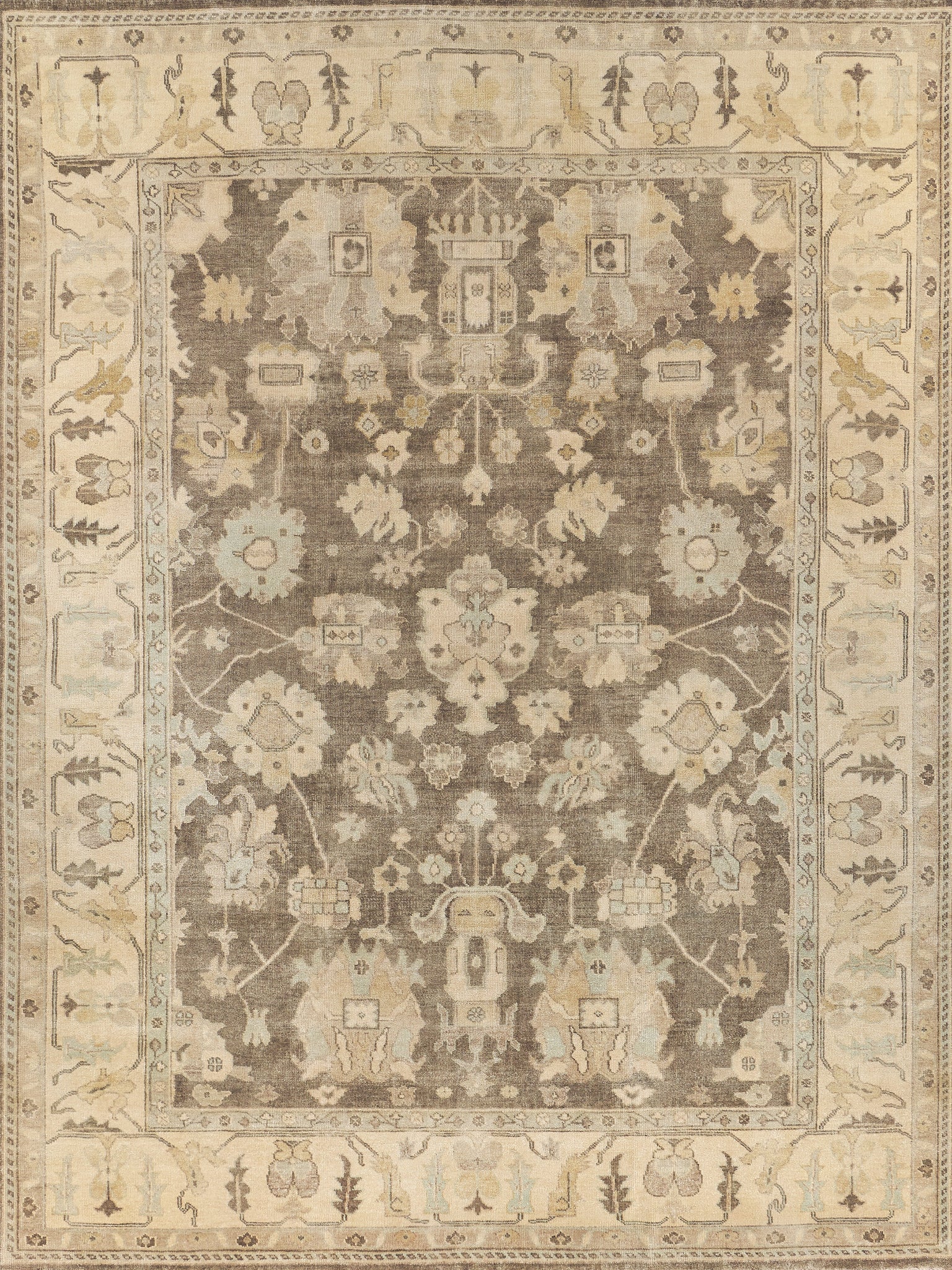 Rectangular oriental rug in beige, taupe and ivory with floral medallions and decorative border.