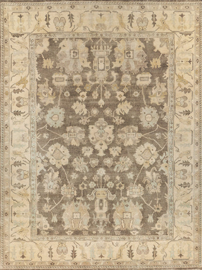 Rectangular oriental rug in beige, taupe and ivory with floral medallions and decorative border.