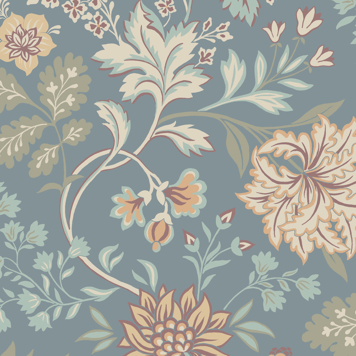 Blue-gray floral wallpaper with cream, peach and mint blossoms in a vintage damask-inspired botanical pattern.