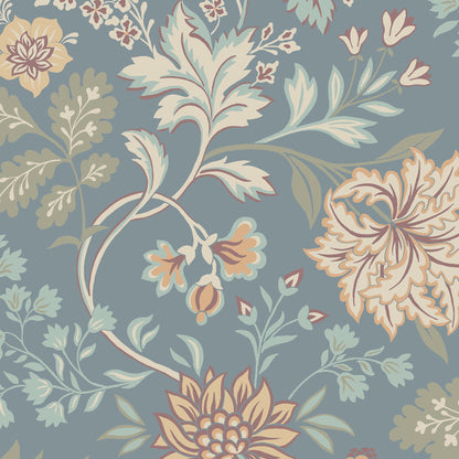 Blue-gray floral wallpaper with cream, peach and mint blossoms in a vintage damask-inspired botanical pattern.