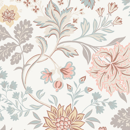 Pastel floral wallpaper pattern with peach, pink, blue and beige blossoms and gray-green leaves on cream.