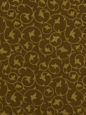 Brown background with gold damask-style scrolling floral pattern.