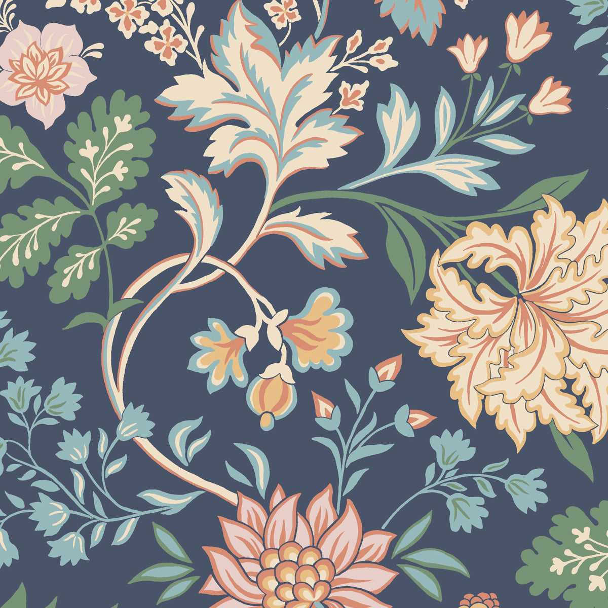Navy background floral print wallpaper with peach, pink, mint and cream flowers and leaves in a vintage botanical pattern.