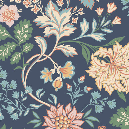 Navy background floral print wallpaper with peach, pink, mint and cream flowers and leaves in a vintage botanical pattern.
