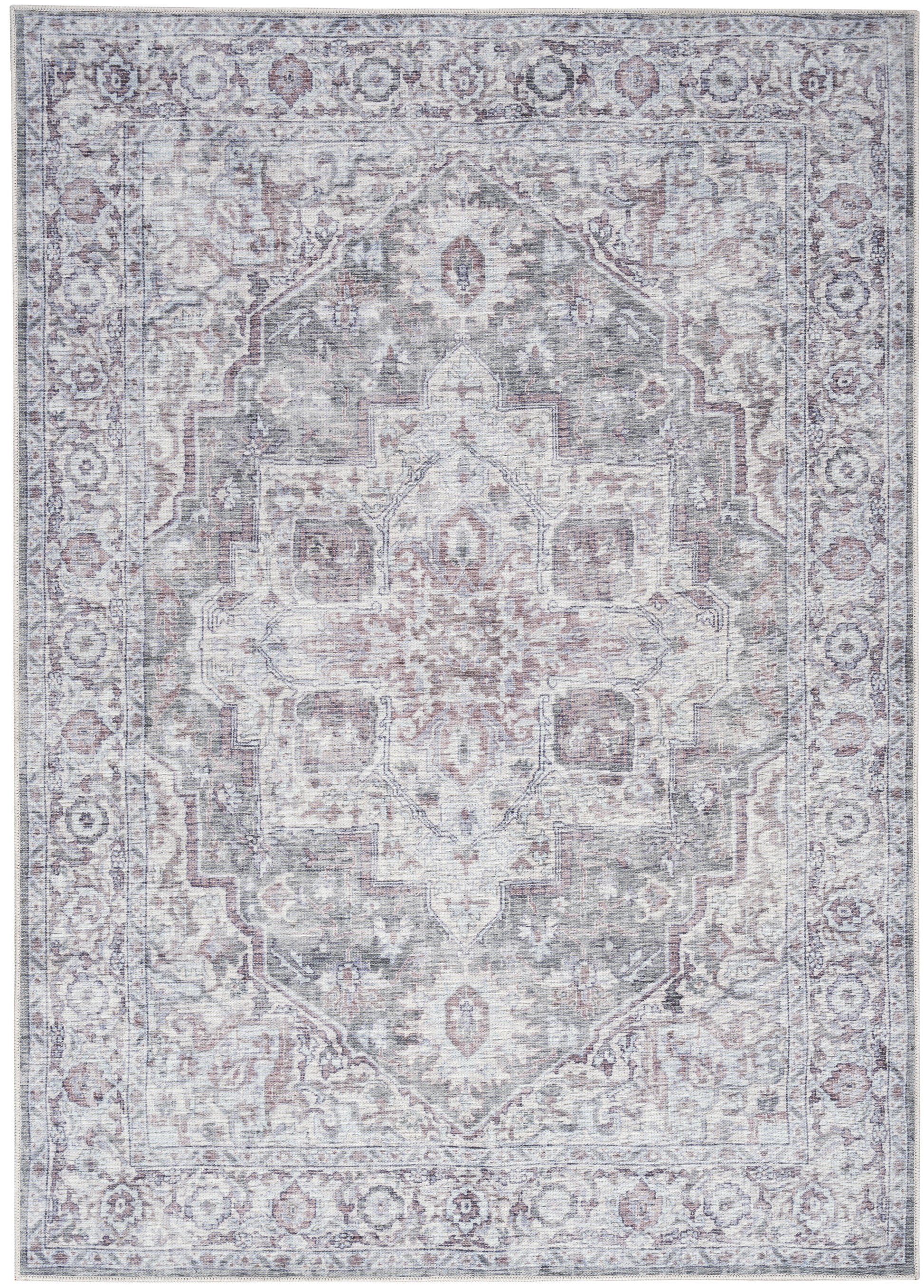 Distressed oriental rug in muted gray, ivory and blue tones with a central medallion and floral border; rectangular.