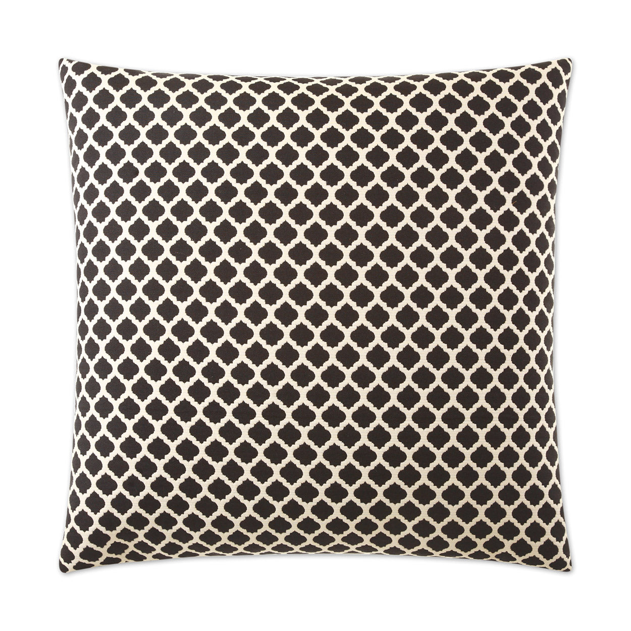 Square decorative throw pillow in black and cream with Moroccan quatrefoil lattice pattern.