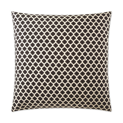 Square decorative throw pillow in black and cream with Moroccan quatrefoil lattice pattern.