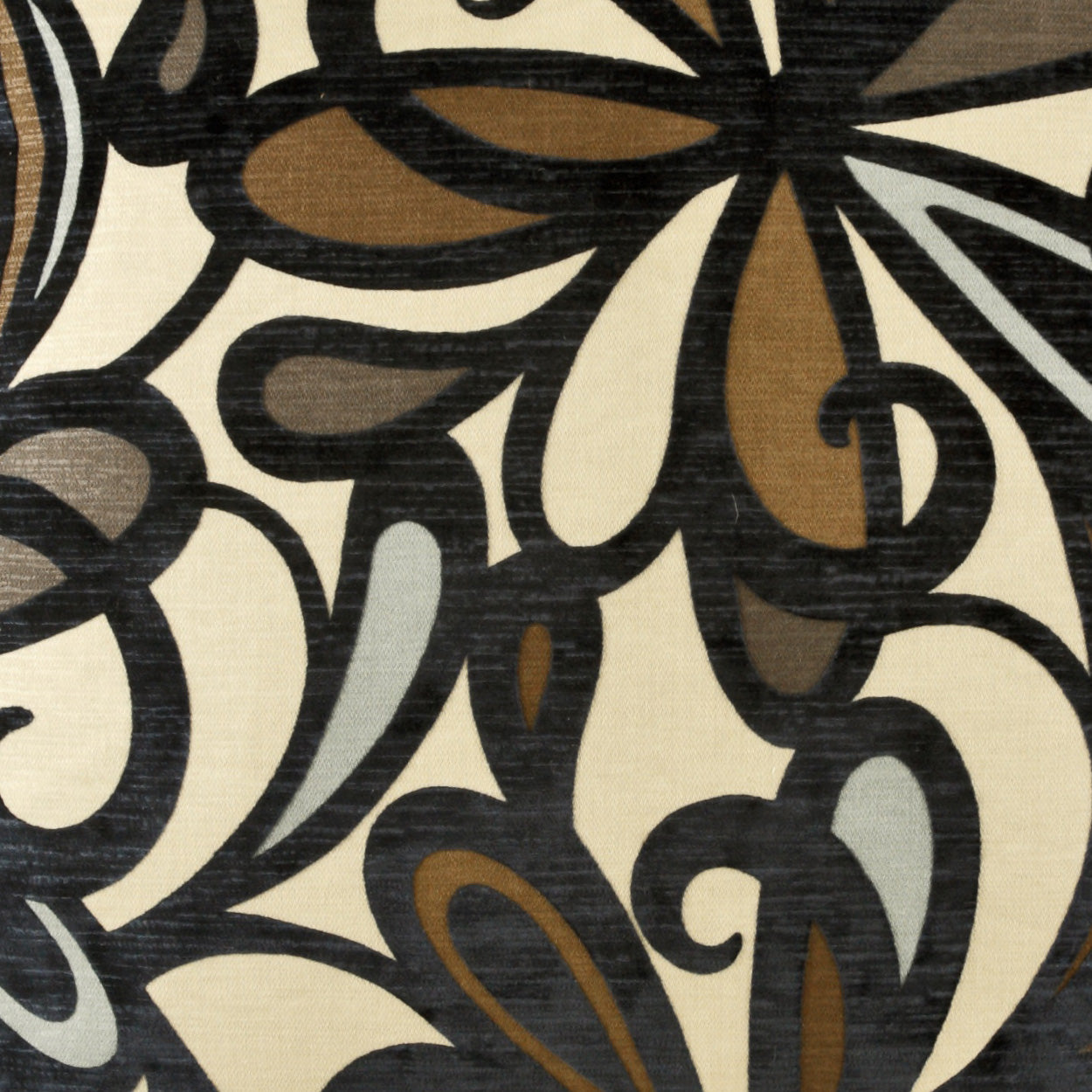 Damask-style fabric with bold black swirls and brown, gray and beige leaf motifs on a cream background.