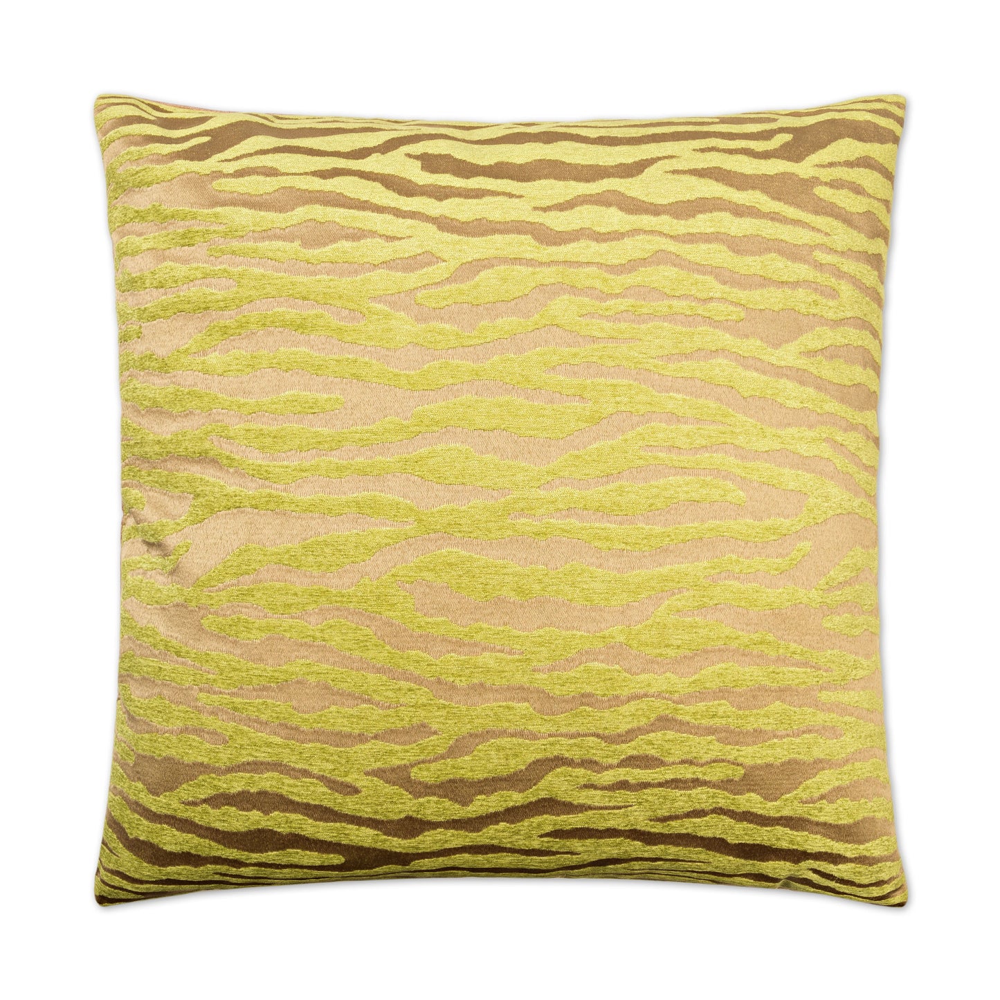 Square decorative pillow with gold and bronze zebra-stripe jacquard pattern on textured fabric.