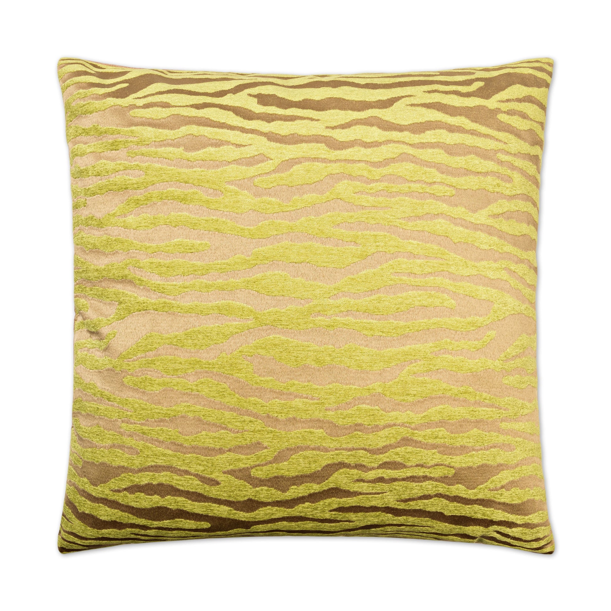 Square decorative pillow with gold and bronze zebra-stripe jacquard pattern on textured fabric.