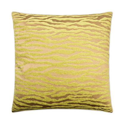 Square decorative pillow with gold and bronze zebra-stripe jacquard pattern on textured fabric.