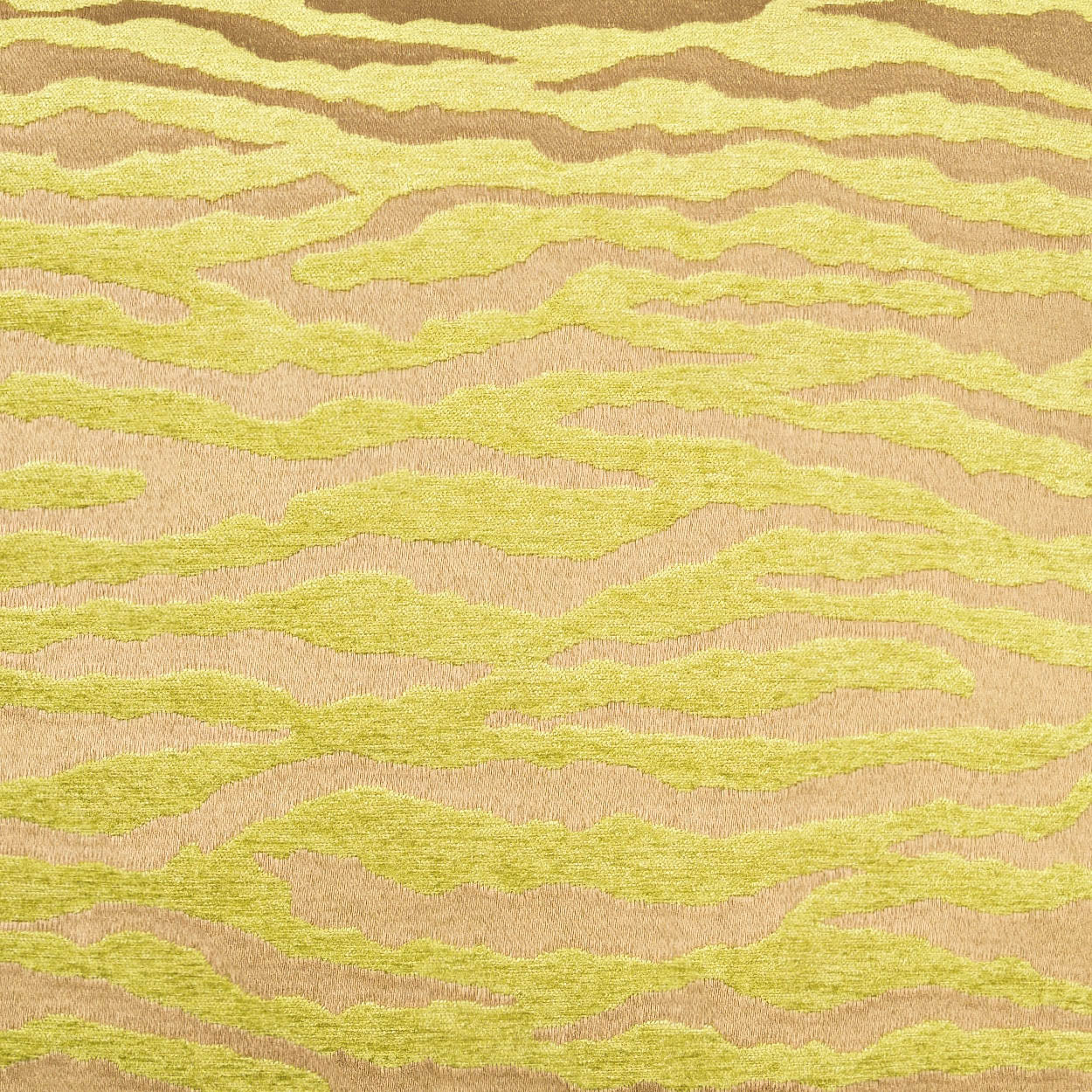 Yellow-green & tan tiger-stripe fabric with a textured weave; upholstery or fashion textile.