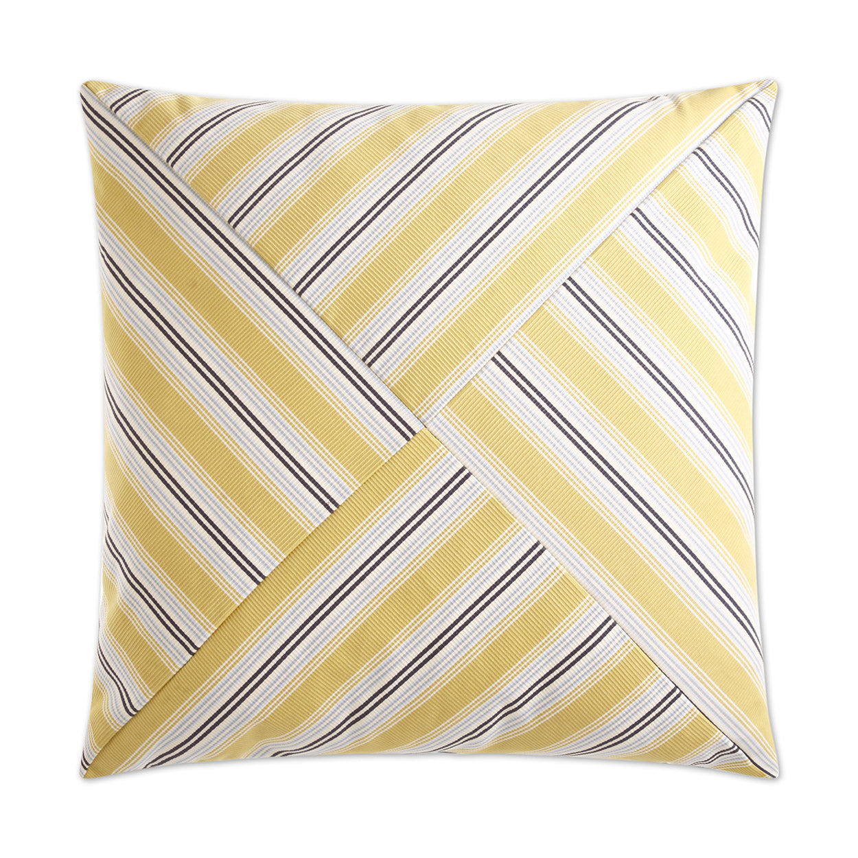 Square throw pillow with mustard yellow and white diagonal stripes forming a folded origami-style cross pattern.