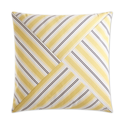 Square throw pillow with mustard yellow and white diagonal stripes forming a folded origami-style cross pattern.