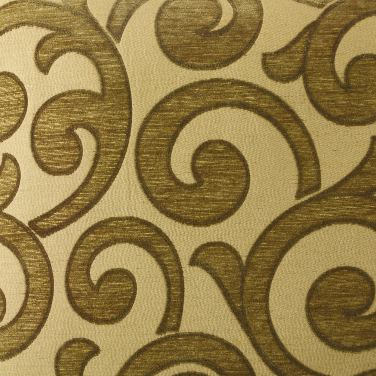 Beige fabric with gold-brown scrolling damask pattern and woven texture.