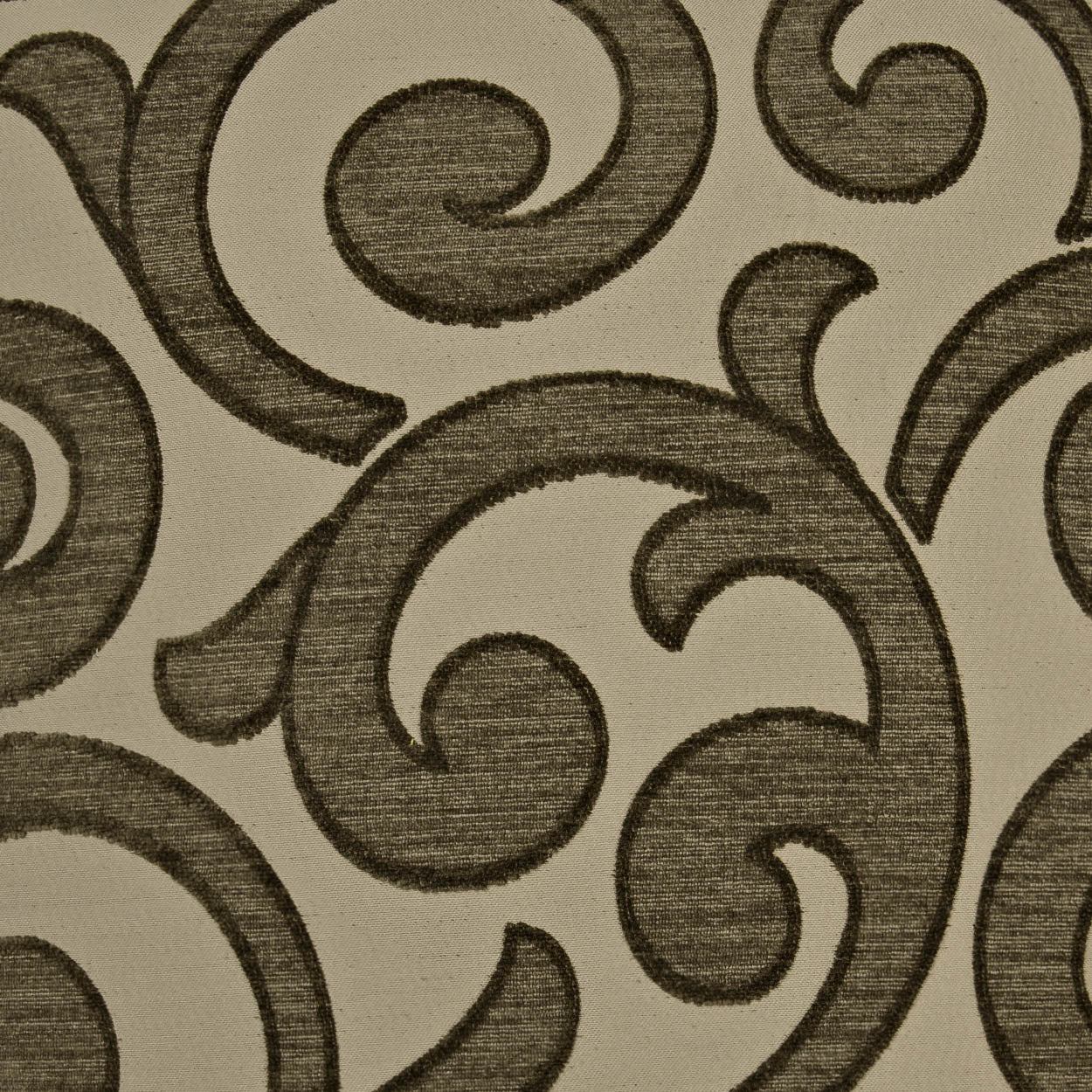 Beige fabric with charcoal gray scroll & damask pattern; ornate upholstery textile.