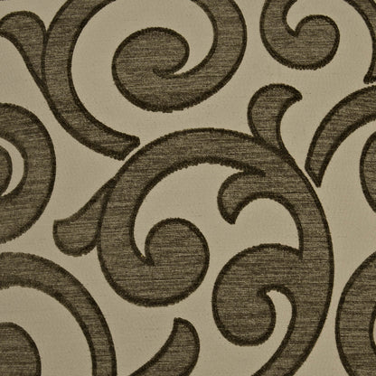 Beige fabric with charcoal gray scroll & damask pattern; ornate upholstery textile.