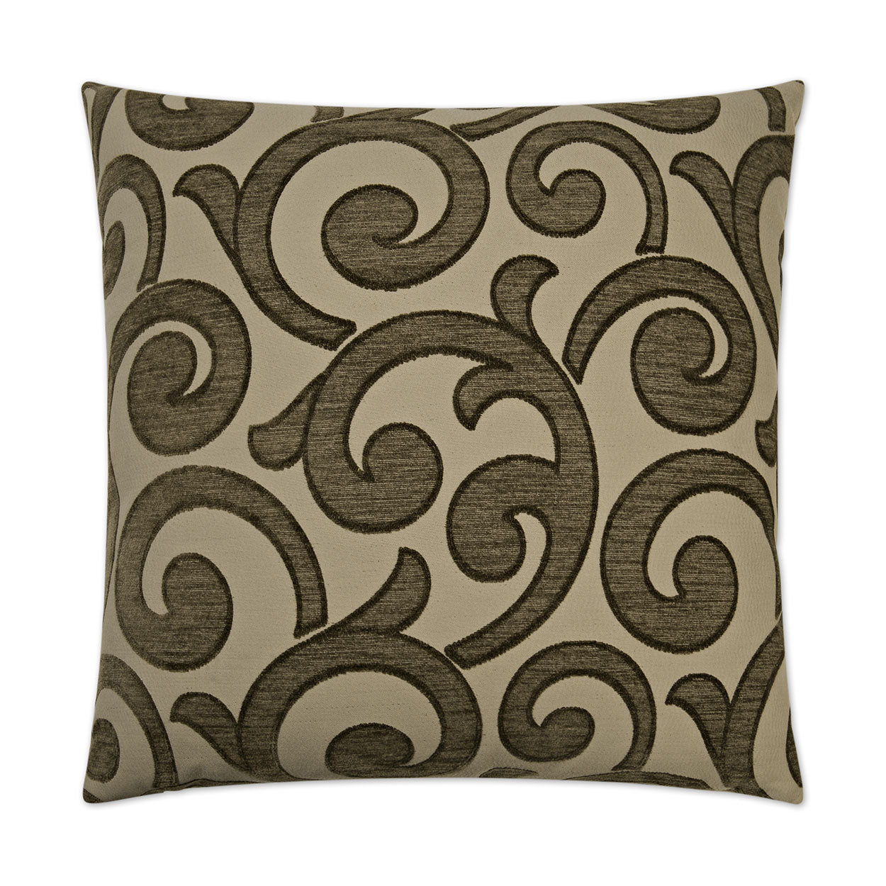 Beige square throw pillow with dark brown ornate swirling damask pattern on textured fabric.