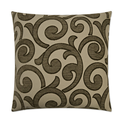 Beige square throw pillow with dark brown ornate swirling damask pattern on textured fabric.