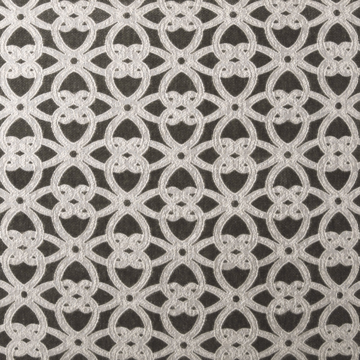Cream lace circular motif fabric with interlocking rings on charcoal background; delicate textile for dresses or home decor.