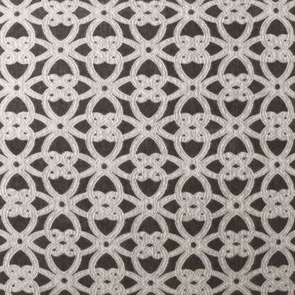 Cream lace circular motif fabric with interlocking rings on charcoal background; delicate textile for dresses or home decor.