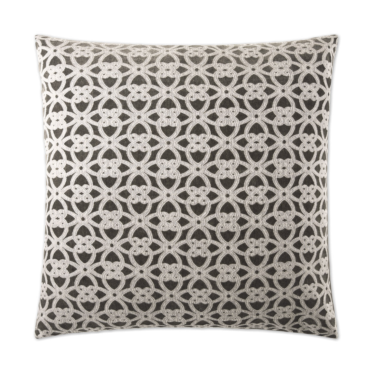Square throw pillow with dark gray background and silver-tone interlocking circular lattice embroidery.