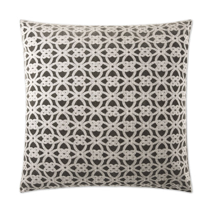 Square throw pillow with dark gray background and silver-tone interlocking circular lattice embroidery.