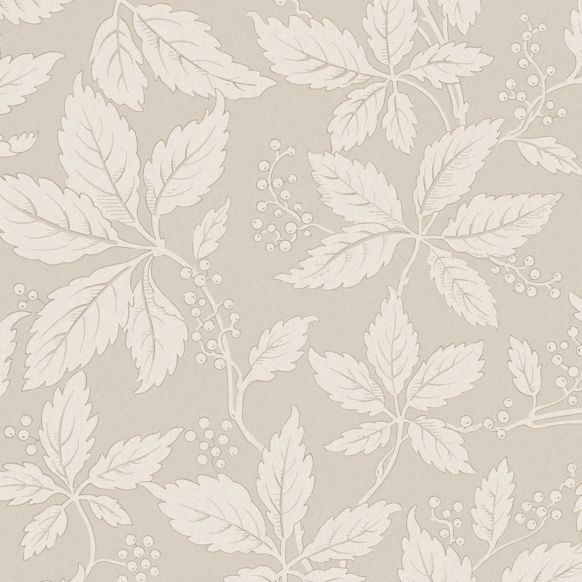Beige wallpaper with ivory Virginia creeper leaves and berry clusters; botanical, nature-inspired design.