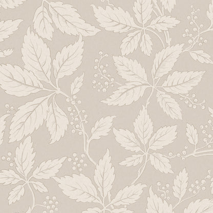 Beige wallpaper with ivory Virginia creeper leaves and berry clusters; botanical, nature-inspired design.