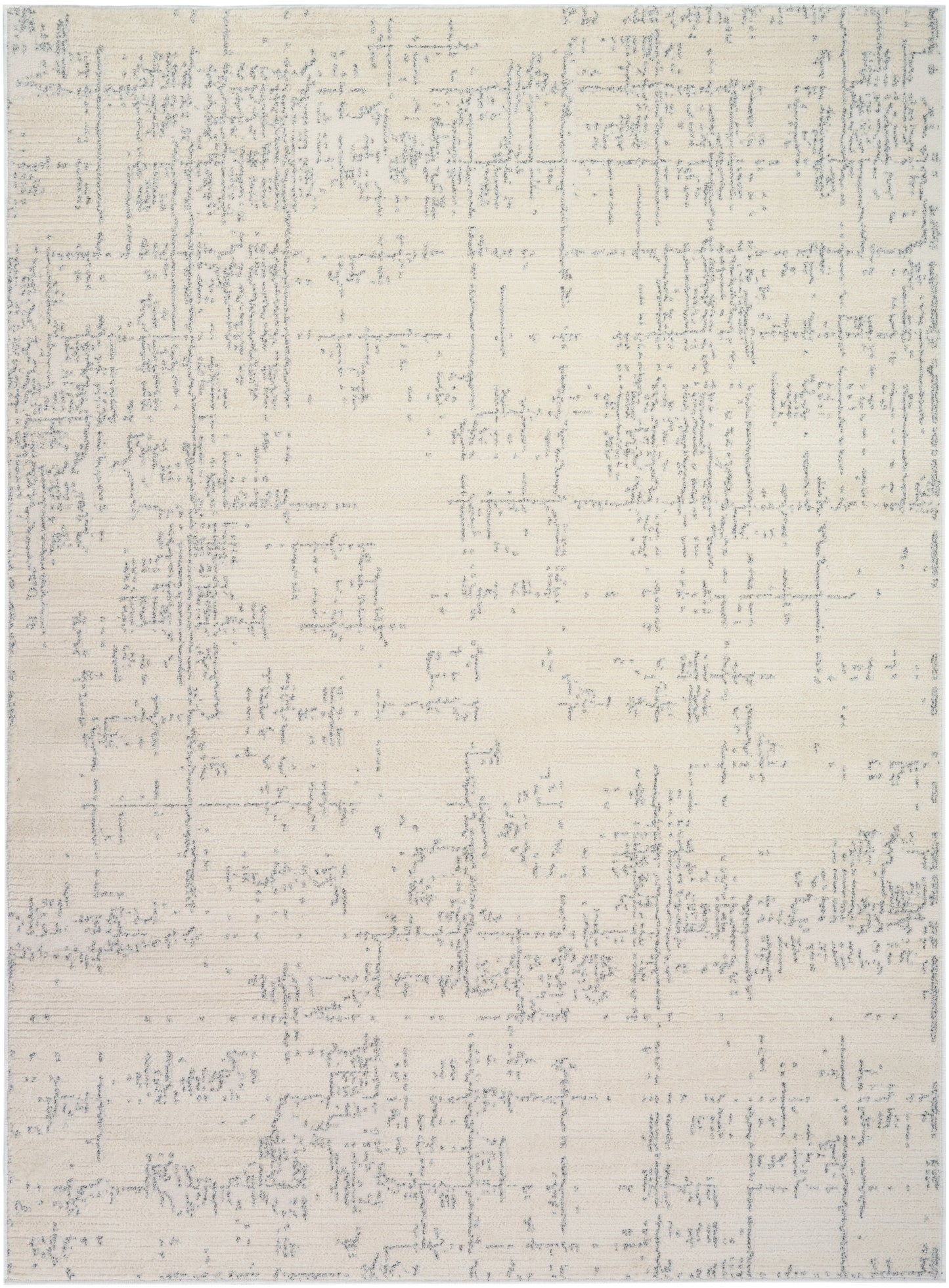 Neutral beige area rug with soft gray-blue abstract motif and subtle texture.